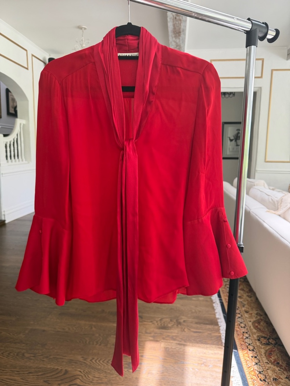 alice + olivia Red Tie-Neck Blouse with Flared Sleeves